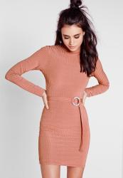 Missguided Long Sleeve High Neck Rib Belted Bodycon Dress-pink