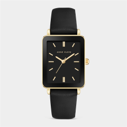 Anne Klein Gold Plated & Synthetic Black Leather Rectangular Watch