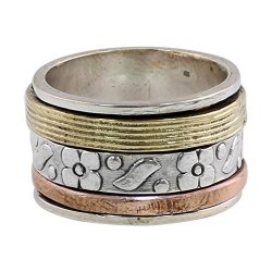 Novica .925 Sterling Silver Copper Brass Tri Metal Flower Meditation Spinner Ring 'floral Sheen'