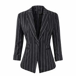 Womens Stripe 3 4 Sleeve Lightweight Office Work Suit Jacket Boyfriend Blazer 191 Black L