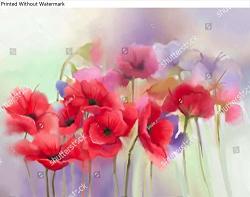 Kwikmedia Watercolor Red Poppy Flowers Painting. Flower Paint In Soft Color And Blur Style Soft Green And Purple Background. Spring Floral Seasonal Nature Background