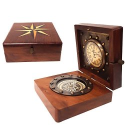 New Nautical Ship Compass Wooden Box Compass & Watch Vintage Gift Square