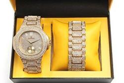 Out Bling-ed Oblong Case Metal Mens Watch W Matching Bling-ed Bracelet Gift Set - 8475B - Gold gold