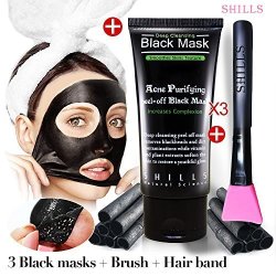 Shills Black Masks Charcoal Peel Off Mask Blackhead Removers 3 Black Masks + Brush + Hair Band