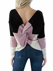 Womens Cnjfj Backless Sweater Color Block Cute Knit V Neck Pullover Jumper