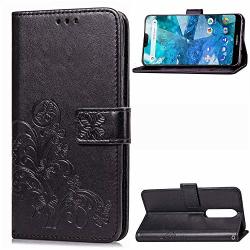 Jddrcase For Cell Phones Case Emboss Lucky Flower Four-leaf Clover Pu Leather Wallet Case With Lanyard Strap For Nokia 7 2018 Nokia 7.1 Color : Black