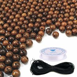 Amaney 300 Pcs 8MM Dark Brown Assorted Wooden Beads With Beading Cords For Jewelry Making Macrame Supplies Round Beads Craft Wood Beads For Bracelets