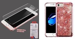 Combo Pack Full Coverage Tempered Glass Screen Protector transparent For Apple Iphone 7 And Electroplating Rose Gold rose Gold Confetti Quicksand Glitter Hybrid Protector Cover For