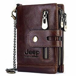 Jeep Kavis Bonwe Mens Wallet Genuine Leather Rfid Double Zipper Anti-theft Coffee