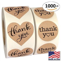 1000 Pack Heart Love Shape Kraft Paper Thank You Adhesive Label Complete Bundle 1.5 Heart Shaped Stickers & 1.25" Round Adhesive Labels
