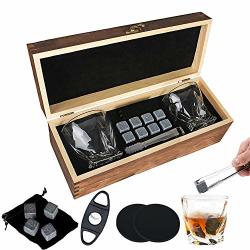 Xergur Whiskey Stones And Whiskey Glass Gift Boxed Set 8 Granite Chilling Whisky Rocks 2 Glasses & 2 Coasters And Cigar Cutter In Wooden
