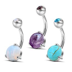 Oufer 3PCS Stone Belly Button Ring 316L Surgical Steel Curved Navel Barbell Body Piercing 14G 1.6MM