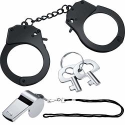 Gejoy Metal Handcuffs With Keys Black Police Handcuff Stainless Steel Toy Handcuff Silver Metal Whistles Costume Accessories For Cosplay Police Fancy Dress Ball Halloween
