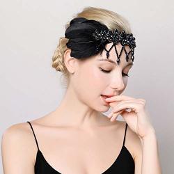 Asooll Black Vintage Flapper Headband Roaring 20S Tassel Gatsby Crystal Headpiece Feather Showgirl Prom Hair Accessories For Women And Girls