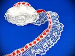 White Ruffled Candlewick With Red Ribbon Lace Trim Embroidery Applique Fabric Delicate Diy Art Craft Supply For Scrapbooking Gift Wrapping Top by 5 Yards