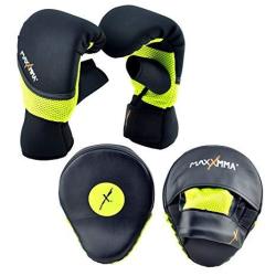 MaxxMMA Boxing Mma Training Kit - Pro Punch Mitts + Washable Neoprene Bag Gloves Black neon L xl