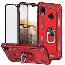 Duolide For Huawei Y7 2019 Case With Tempered Glass Screen Protector Hybrid Heavy Duty Dual Layer Anti-scratch Shockproof Defender Kickstand Armor Case Cover Red