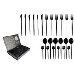 24-PIECE Authentic Flatware Dinner Set In Elegant Noir Gift Box Black