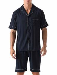 Ninovino Men's Woven Sleepwear Cotton Short Sleeve Nightwear Pajama Set Blue L