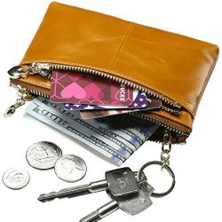 Itslife Triple Zipper Leather MINI Coin Purse Card Holder With Key Chain Tan