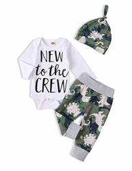 Itkidboy Newborn Baby Boy Girl Clothes New To The Crew Letter Print Romper+long Pants+hat 3PCS Outfits Set S-white 3-6 Months