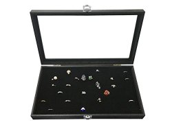 SODYNEE Glass Top Black Jewelry Display Case 72 Slot Ring Tray