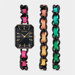 Women&apos S Black Plated Bracelet Chain Watch & Black Chain Vegan Lth Bracelet Set