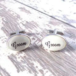 Marked Down High Quality "groom" Cufflinks In Black Scroll On White Silver Plated