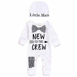 Newborn Baby Boy Clothes New To The Crew Letter Print Romper+hat 2PCS Outfits Set Black 3-6 Months