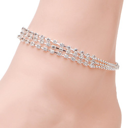 3 Rows Silver Clear Crystal Chain Anklet Bracelet Jewelry