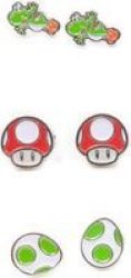 Difuzed Nintendo Set Of 3 Studd Earrings Yoshi Egg And Mushroom