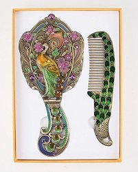 Thailand Hand Mirror Comb Antique Set Rose Painted Sterling Metal Vintage Vanity Plate