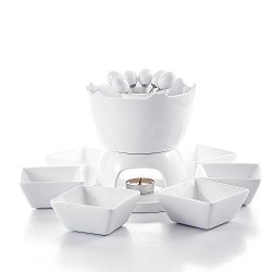 Malacasa Series Favor Two-layer Ceramic Porcelain Tealight Candle Cheese Butter Chocolate Fondue Set With 6 Dipping Bowls 6 Forks Ivory White