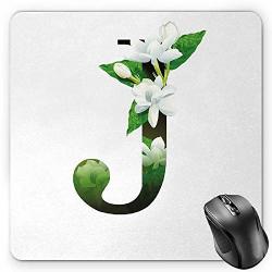 Bglkcs Letter J Mouse Pad Abstract Floral Arrangement J Silhouette And Jasmine Blossoms Abc Concept Standard Size Rectangle Non-slip Rubber Mousepad Green White Black