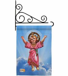 Breeze Decor GS103052-P3-03 Divine Baby Jesus Inspirational Faith & Religious Impressions Decorative Vertical 13" X 18.5" Garden Flag Set Metal Fansy Wall Bracket Hardware