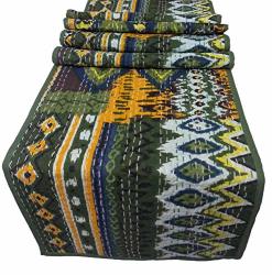 Agasvi Cotton Olive Ikat Print With Hand Embroidered Kantha Table Runner 70 X 14 Inch