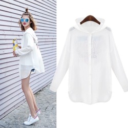 Di Reve Ladies Casual Sunscreen Protector Long Sleeve White Cap Loose Print Summer Jacket coat