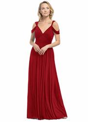 Uryouthstyle Women's Formal Pleated Cold Shoulder Maxi Bridesmaid Dresses Chiffon Prom Evening Gown RED-12