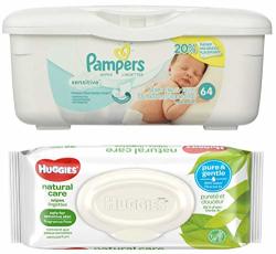 Pampers Sensitive Wipes Tub 64 Ct Bundle With Huggies Natural Care Flip Top Wipes 32 Ct