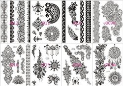 8 Sheets New Black Henna Lace Flash Tattoos Temporary Tattoo Stickers Henna Fashion Body Art Water Transfer Body Paints Designs Sticker