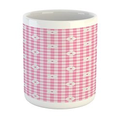 Lunarable Light Pink Mug By Checkered Striped Tartan Background With Daisy Petals Pastel Style Print Printed Ceramic Coffee Mug Water Tea Drinks Cup Baby