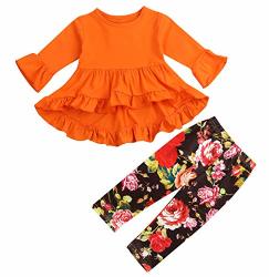 2PCS Little Girls Outfit Set Orange pink Long Sleeve Ruffle Irregular Hem Blouse Top Floral Pants Clothes Sets Orange 5-6 Years