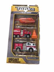 Tonka Real Tough Diecast First Responder Vehicle 3 Pack Helicopter Brush Rig And Fire Truck