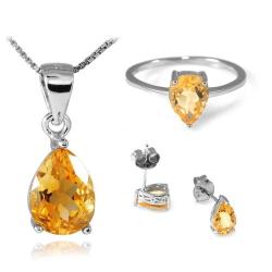 Genuine Citrine Pear Set: Pendant Necklace Earrings Ring .925 Silver 4-6ct