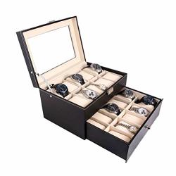Lucidz Luxury Watch Box 20 Slot Pu Leather Top Glass Display Case Organizer Jewelry Box Storage Black