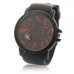 Compass Decorated Numeral Hour-markers Pu Band Wrist Watch Red Letters Dial Black Band