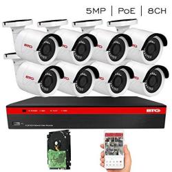 BTG 8CH 5MP 4 Cameras Poe Security Camera System 4K NVR Built-in PoE with Outdoor 5MP Surveillance IP PoE 4 3.6mm Bullet Cameras HD 2592 x 1944 IR CCTV System H265 1TB HDD Bolide Technology Group BTG-NVR58 