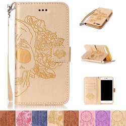 Iphone 7 Plus Case Firefish Kickstand Pu Leather Flip Folio Emboss Style Wallet Case Bumper Cover With Strap Magnetic Buckle For Apple Iphone 7 Plus- Skull-j
