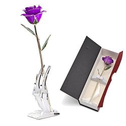 Abedoe Long Stem 24K Gold Rose Flower With Display Stand In Exquisite Gift Box Best Romantic Gift For Anniversary Thanks Giving Day Valentines Day