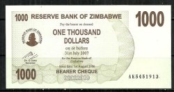 2006 Zimbabwe $1000 Bearer Cheque Unc
